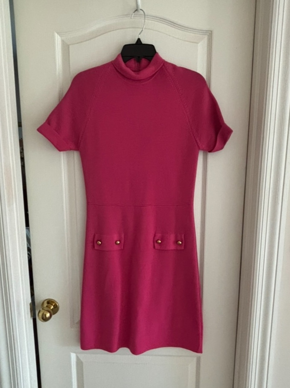 Vintage 60s 70s Wool Dress sz 9 pink faux pocket gold button mid century retro